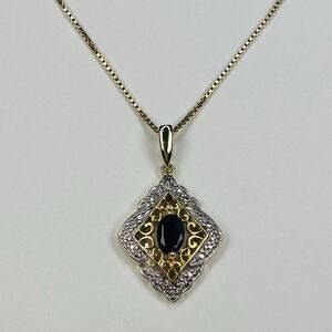 Sterling Silver Diamond Shaped Pendant with Dark Blue Stone on 18” Chain